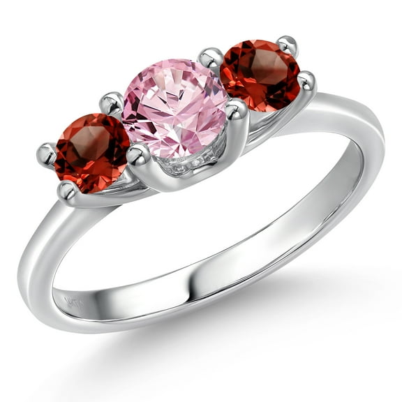Gem Stone King 14K White Gold Pink Lab Grown Diamond & Red Garnet 3-Stone Engagement Ring | 1.24 Cttw | Round 5MM and 4MM | Three Stone Wedding Anniversary Promise Ring for Women (Size 7)