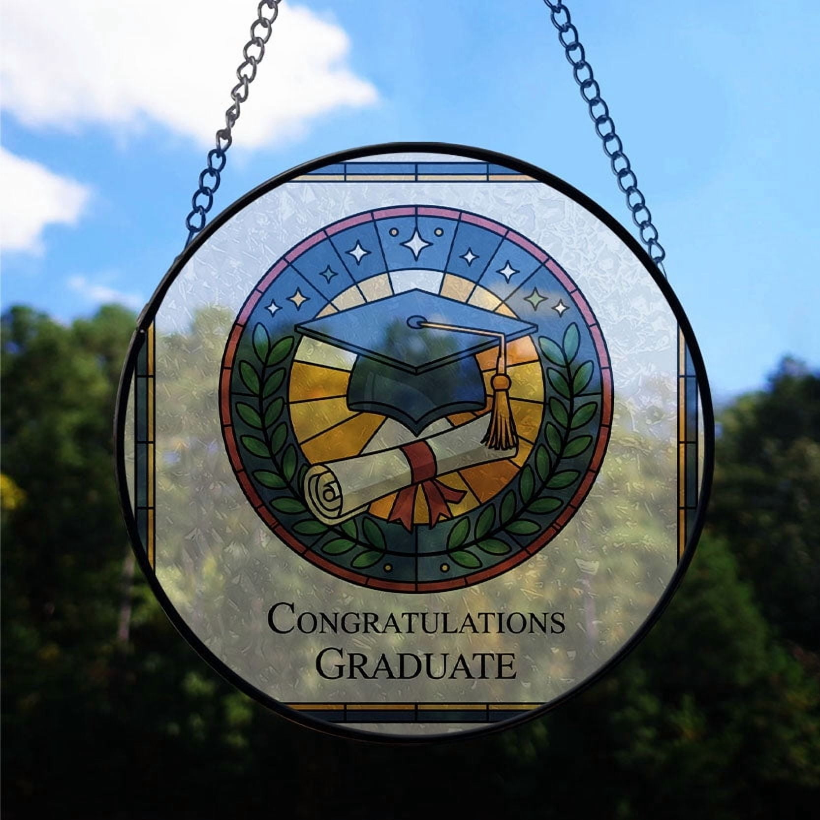 Graduation Cap & Diploma Stained Glass Suncatcher Window Hanging – Custom Text Window Hanging for Man, Woman, Family & Friends, Christmas 2025 Tree Decoration
