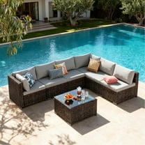 Patio Furniture Set Clearance Lofka Outdoor Sectional Furniture Sofa Set with Tempered Glass Table for Backyard, Garden & Poolside, Gray Cushions
