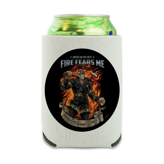 American Fire Department Firefighter Skeleton Fears Me Can Cooler - Drink Sleeve Hugger Collapsible Insulator - Beverage Insulated Holder