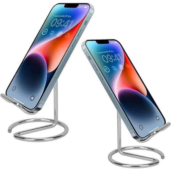 Cell Phone Stand for Desk, Cute Metal Cell Phone Stand Holder Desk Accessories， Compatible with iPhone/Android Phones/iPad Mini/Kindle, Charging Accessories（2Pack Silver）