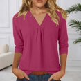 thumbnail image 2 of DHFJKG Womens V Neck T Shirt Loose Fit 3/4 Sleeve Solid Color Basic Tee Summer Breathable Linen Beach Vacation Clothes Trendy Tops, 2 of 5