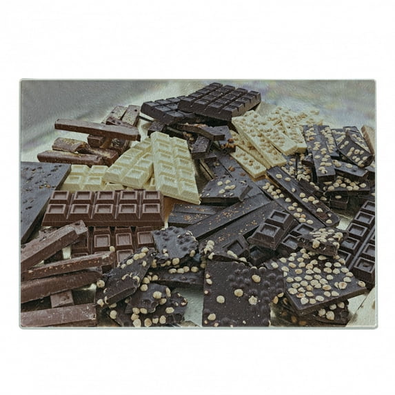 Chocolate Cutting Board, Pile of Assorted Chocolate Bars Black and White Pieces with Hazelnut, Decorative Tempered Glass Cutting and Serving Board, in 3 Sizes, by Ambesonne