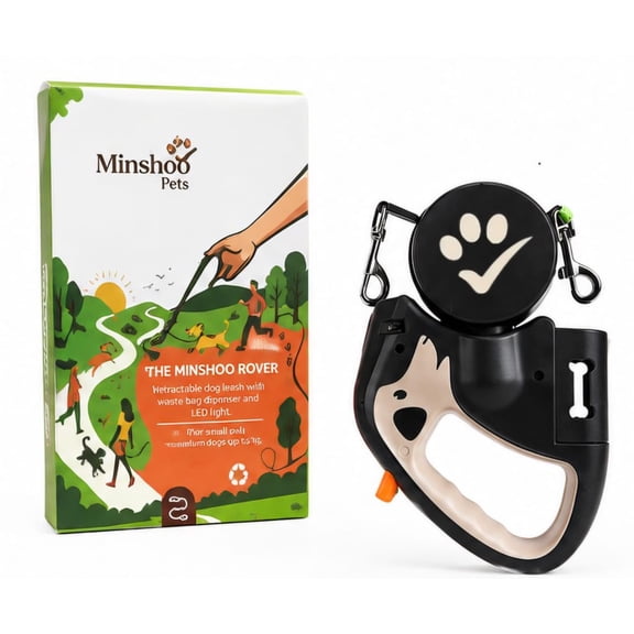 Minshoo Pets Retractable Dog Leash with LED Light & Waste Bag Dispenser - USB Rechargeable 360° Tangle-Free Heavy Duty Pet Walking Leash for Small and Medium Dogs up to 66 lbs