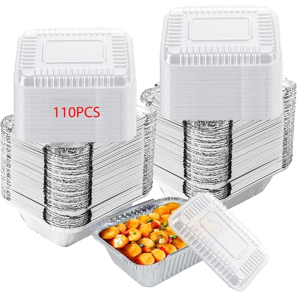 Paquete de 110 Charolas de Aluminio, Charolas para Hornear con Tapas Transparentes, Recipientes de Aluminio de 15 x 12 cm Adecuado para Catering Barbacoas