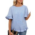 thumbnail image 2 of Women'S Round Neck Half-Sleeve Striped Loose Casual Shirt Ruffled Tops Blue Stripes L, 2 of 7