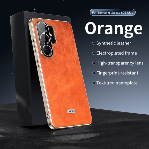 ELEHOLD For Samsung Galaxy S26 Ultra Leather Case,Luxury Plating Edge Shockproof Slim Premium Leather Phone Cover Built-in Lens Protector,Orange