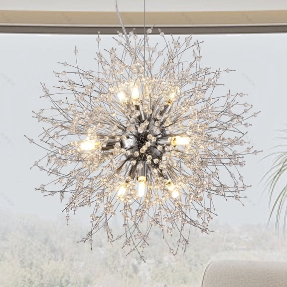 9-Lights Modern Farmhouse Chandelier Lighting, Sputnik Dandelion Ceiling Hanging Lamp, Round Crystal Beaded Pendant Lights for Kitchen Island Dining Room Bedroom Foyer