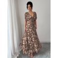 thumbnail image 7 of Chocolate Brown Womens V-Neck Off-Shoulder Puff Sleeve Ruched Waist A-Line Floral Maxi Dress, 7 of 7