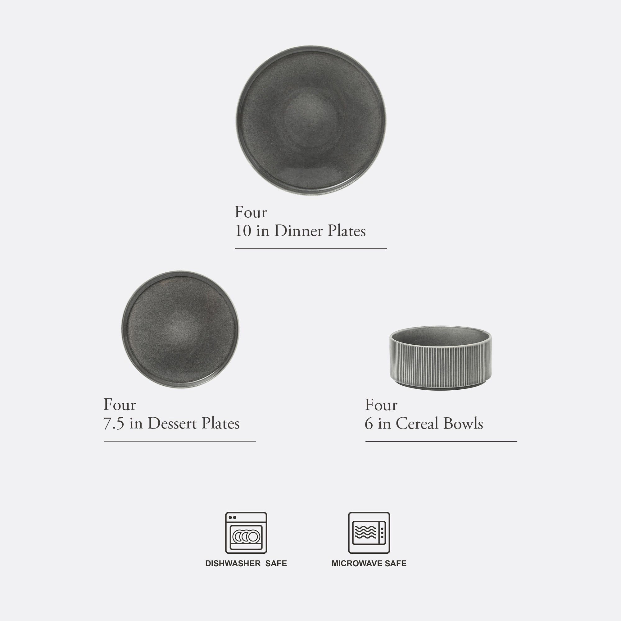 Gibson Elite Solana Coast 12 Piece Stoneware Reactive Glaze (Service for 4) Ceramic Plates and Bowls Modern Shape Embossed Dinnerware Set - Black