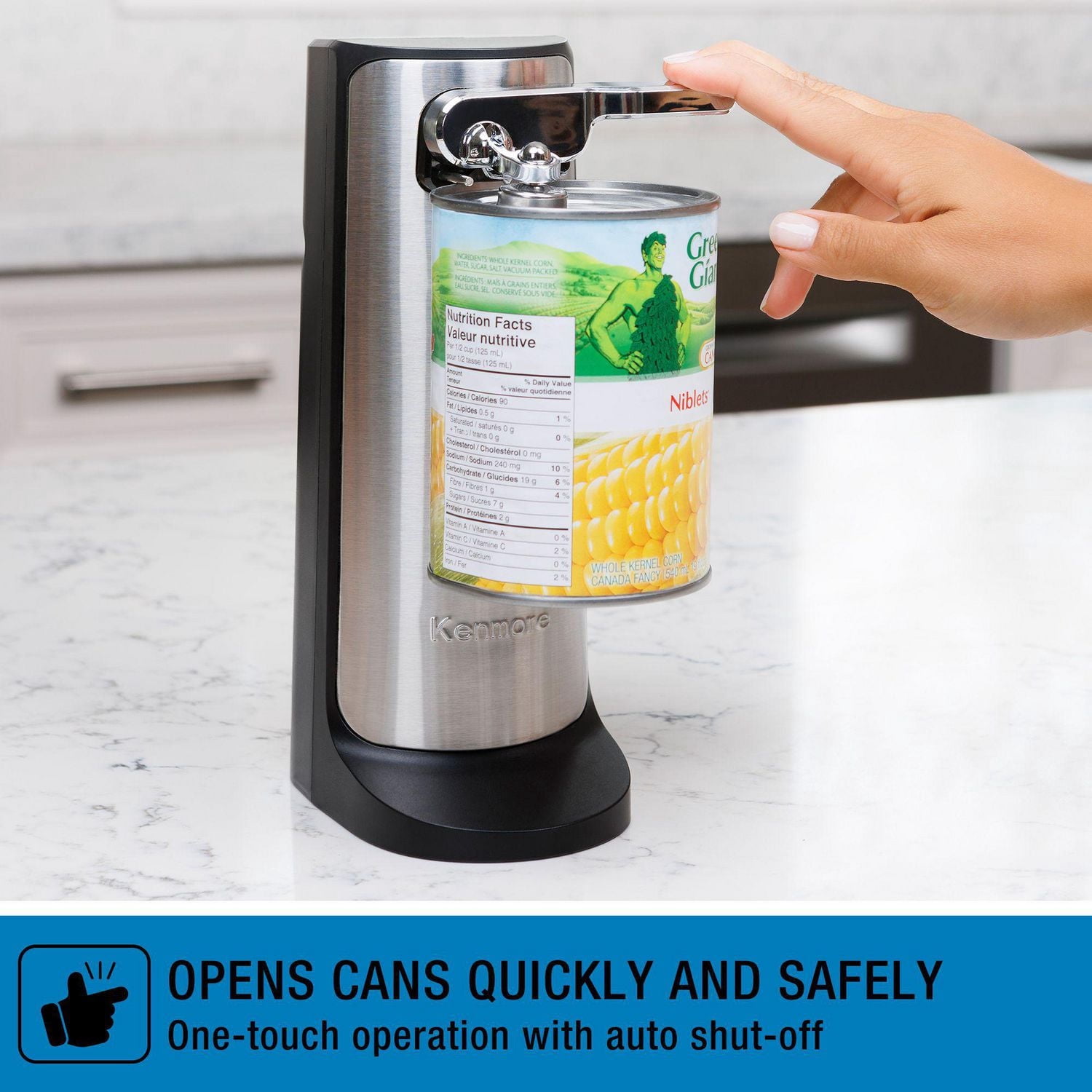 Kenmore 3-In-1 Electric Can Opener, Knife Sharpener & Bottle Opener, One Touch with auto shut-off Hands Free.
