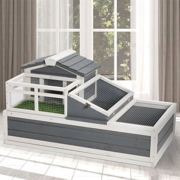 3-Room Tortoise House Habitat with Turf Balcony & 2 Stories, Indoor / Outdoor Wooden Tortoise Enclosure with Ladder, Tray, Openable Roof, Large Reptile Cage