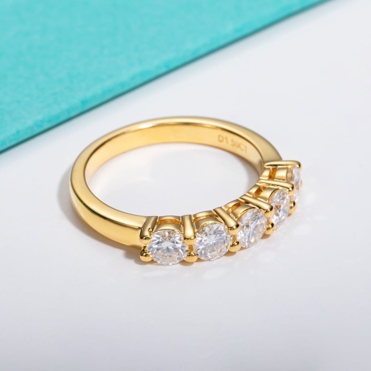 AnuClub 5 Stone Moissanite Eternity Wedding Band 1.5cttw D Color Moissanite 14K Gold Plated 925 Sterling Silver Rings for Women with Certificate