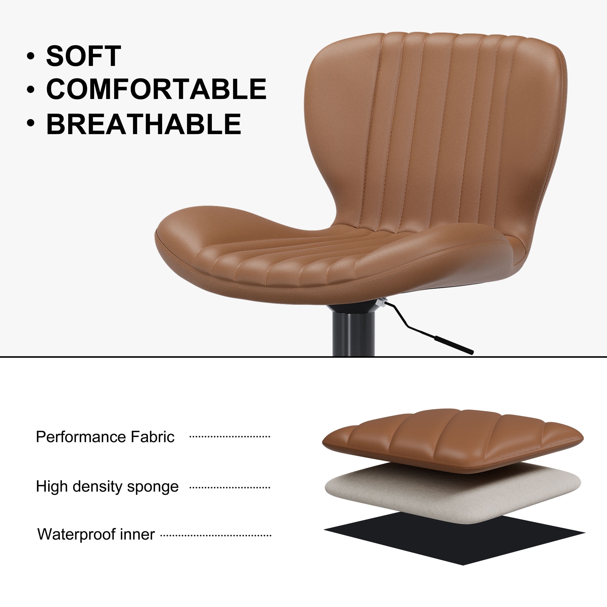 Walsunny Adjustable Bar Stools Set of 2 Leather Upholstered Swivel Counter Stools Counter Height Bar Stools with Large Base, Room Bar, Brown