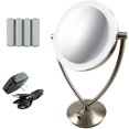 thumbnail image 1 of Ovente Espejo de maquillaje con luz LED de 7,5 pulgadas, lupa 1X 5X, círculo ajustable iluminado regulable, borde acrílico de doble cara de 360 ??grados, funciona con batería, níquel grande cepillado, 1 of 3