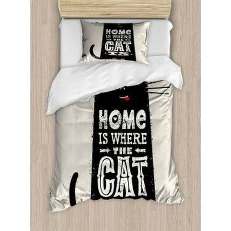 Funny Words Twin Size Duvet Cover Set Tongue In Cheek Black Cat