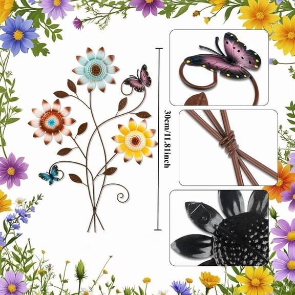 Set of 2 Metal Sunflower Wall Decor with Butterfly 3D Colorful Outdoor Wall Art Fence Decorations for Patio Metal Flowers Wall Hanging Ornament for Garden Porch Living Room Balcony Farmhouse
