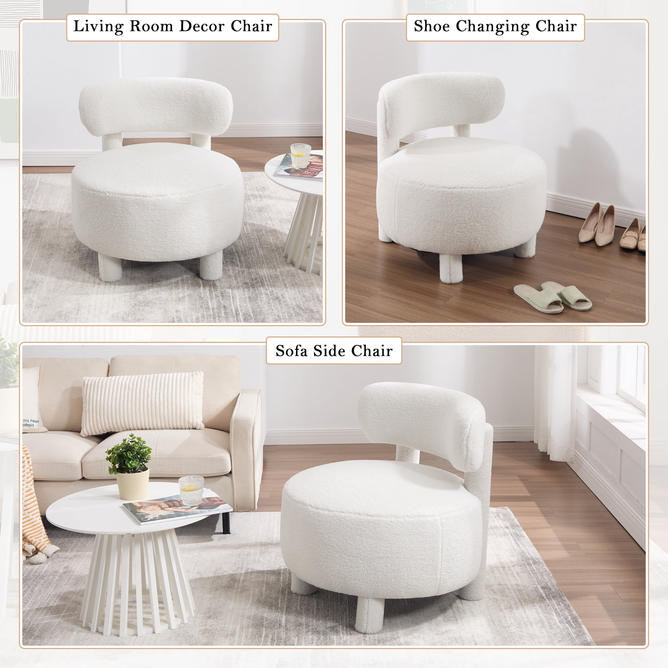 Noble House Dorell Teddy Upholstered Dining Chair, Wooden Frame Reading Side Chair with Curved Backrest, White