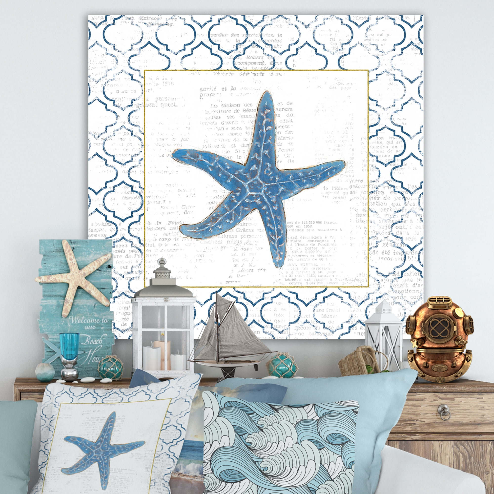 Designart 'Navy Starfish with Gold' Nautical & Coastal Premium Canvas Wall Art