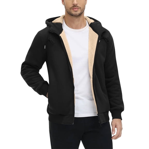 SYMOID Men's Winter Warm Sherpa Lined Hooded Jacket - Size M Black, Full-Zip with Adjustable Hood, Durable Polyester Outer, Side Pockets for Cold Weather Casual Wear
