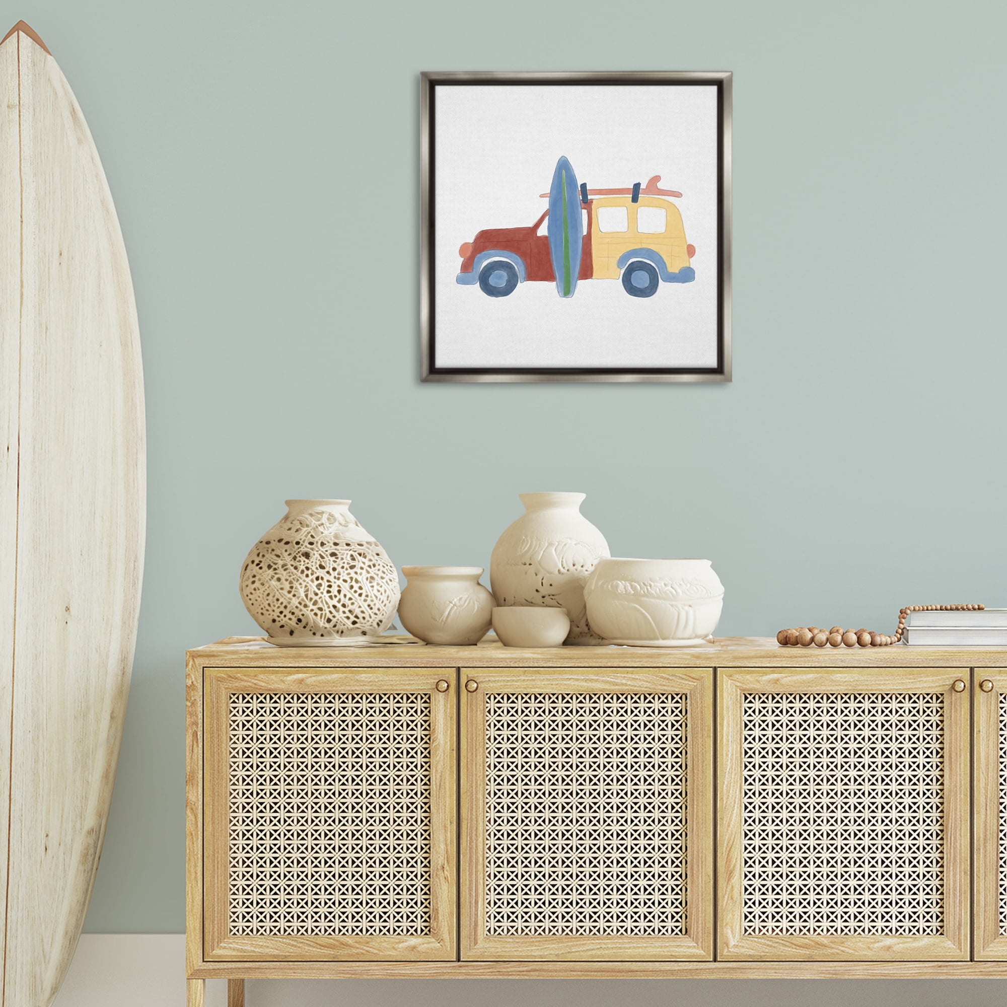 Stupell Industries Summer Beach Wagon Transportation Painting Gray Floater Framed Canvas Art Print Wall Art, 25 x 25