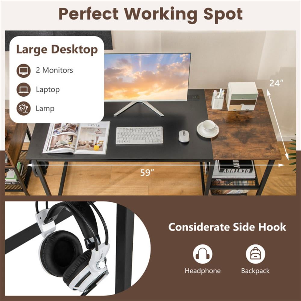 Demi Bonn 59" Home Office Computer Desk with Removable Storage Shelves, Small Home Office Desk Study Writing Table, Black