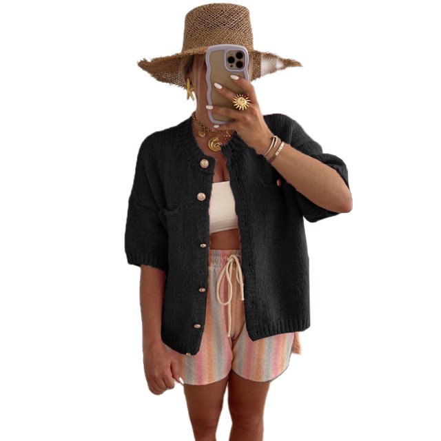 FOCUSNORM Women Cardigan Elegant Short Sleeve Button Closure Solid Casual Jacket with Pockets