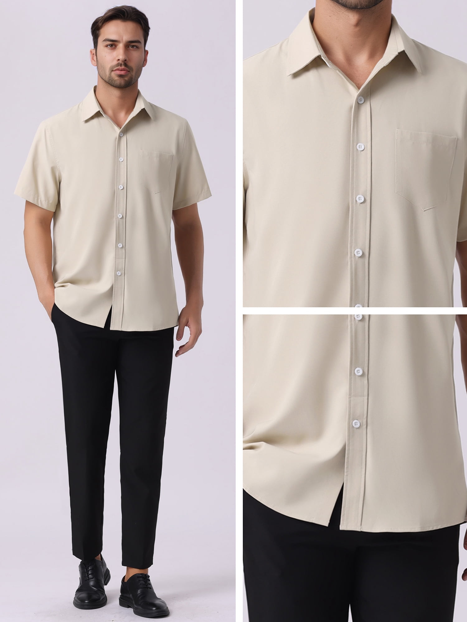 DARING DIVA Men's Linen Business Short Sleeve Button Down Formal Dress Shirts M Khaki