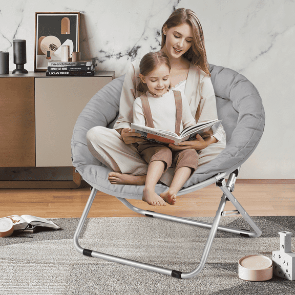 Magshion Folding Saucer Chair, 600D Oxford Cozy Chair for Living Room Bedroom, Foldable Lounge Chair,Gray
