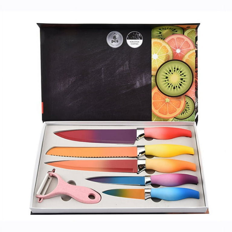 Numola Colorful Kitchen Knife Set with Gift Box, Stainless Steel Chef Knife Set with Ergonomic Handle, 6 Piece Colored Cooking Knives with Landscape