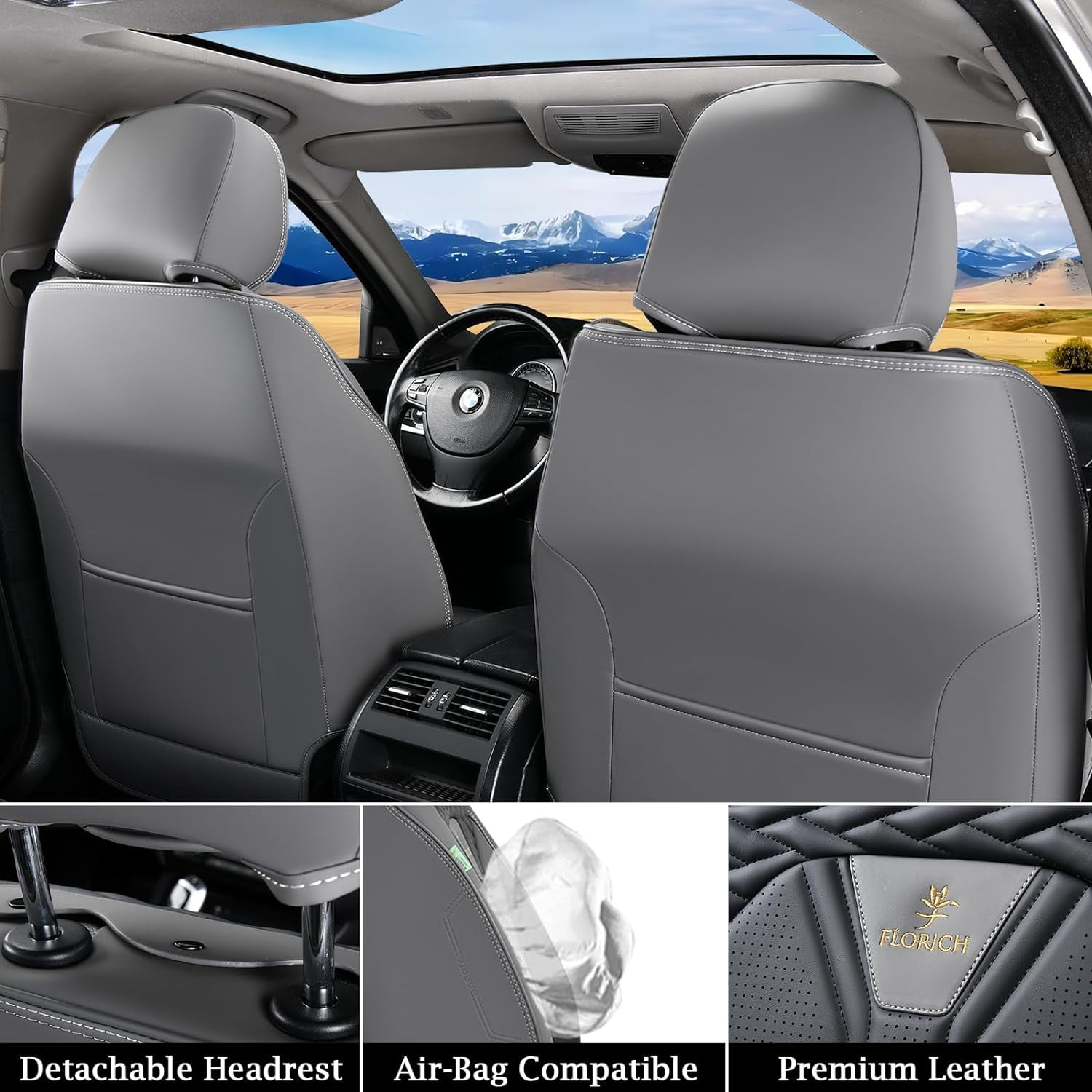 FLORICH Universal Leather Car Seat Cover Full Set, Gray Seat Covers for Cars 5 Seats, Waterproof Front and Rear Automotive Seat Cover Fit for Most Sedans SUV Pick-up Truck, Black & Gray