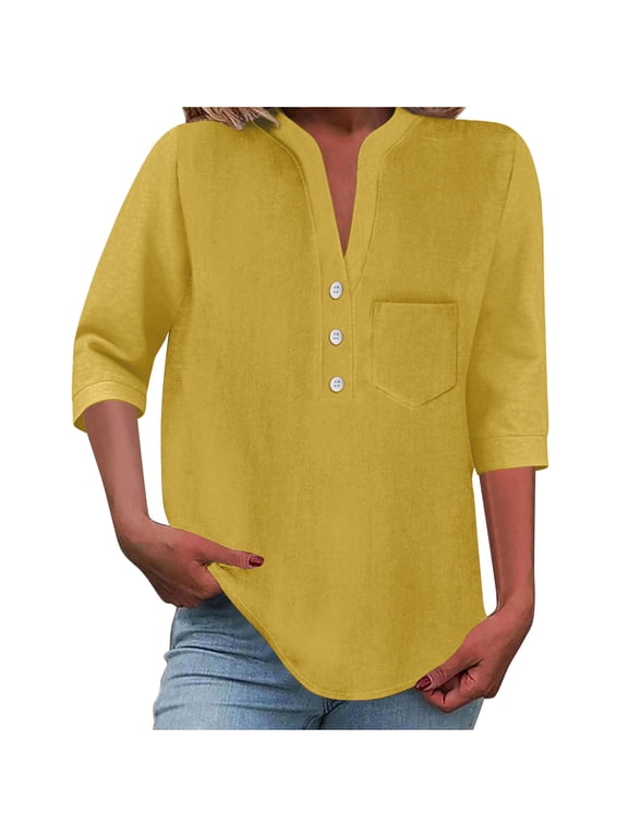 Women's Cotton Linen Blouse Fashion V Neck Button up Shirt Top with Pocket Summer Short Sleeve Tops for Women