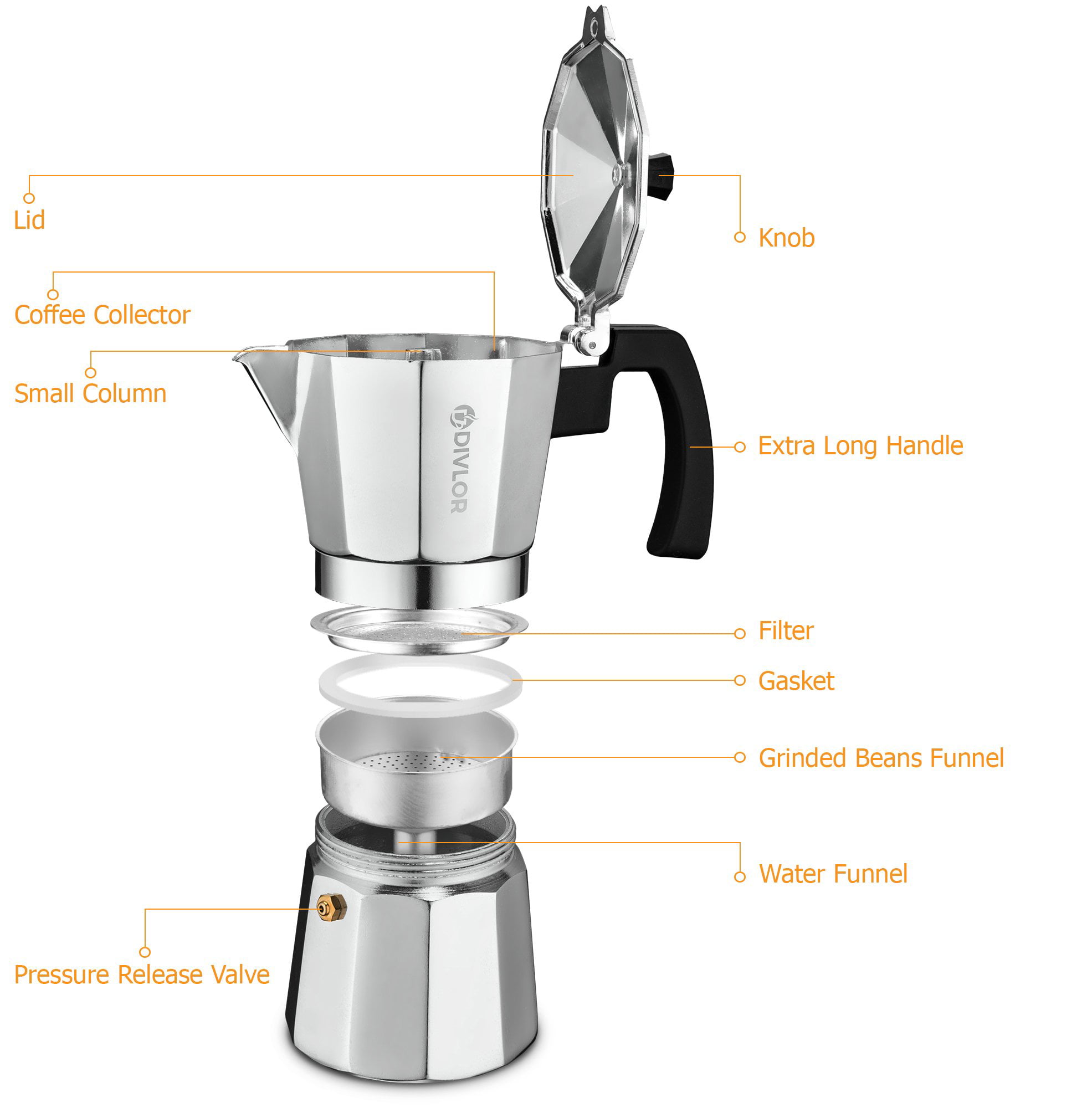 Aluminum Espresso Machine 6 Cup Stovetop Espresso Maker By Divlor 2 Extra Gaskets Included Moka Pot