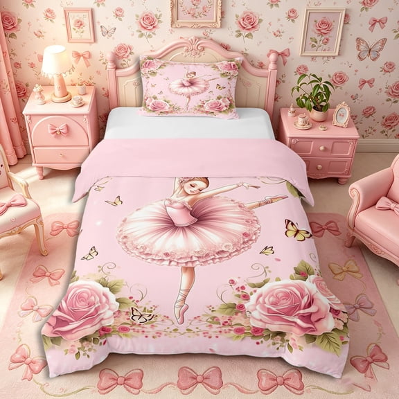 Castle Fairy Kawaii Ballet Girl Twin Duvet Cover,Flying Butterfly Pink Rose Twin Bedding,Pink Reversible,1 Duvet Cover and 1 Pillowcase