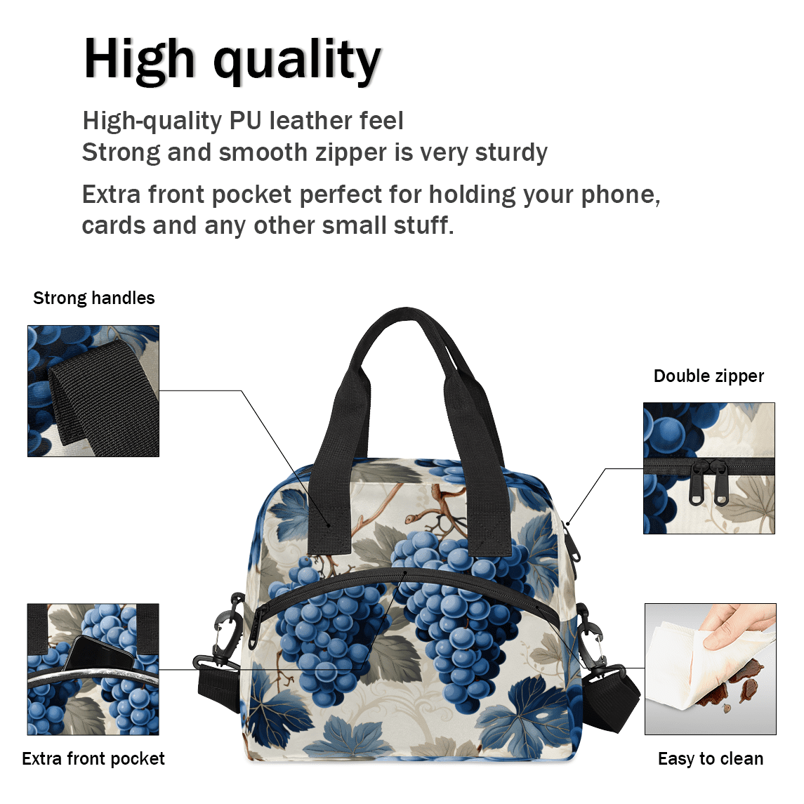 Herdesigns Blue Grapes Insulated Lunch Bag for Women Men Adults Large Reusable Lunch Box Fruit Leakproof Cooler Tote Bags with Adjustable Shoulder Strap