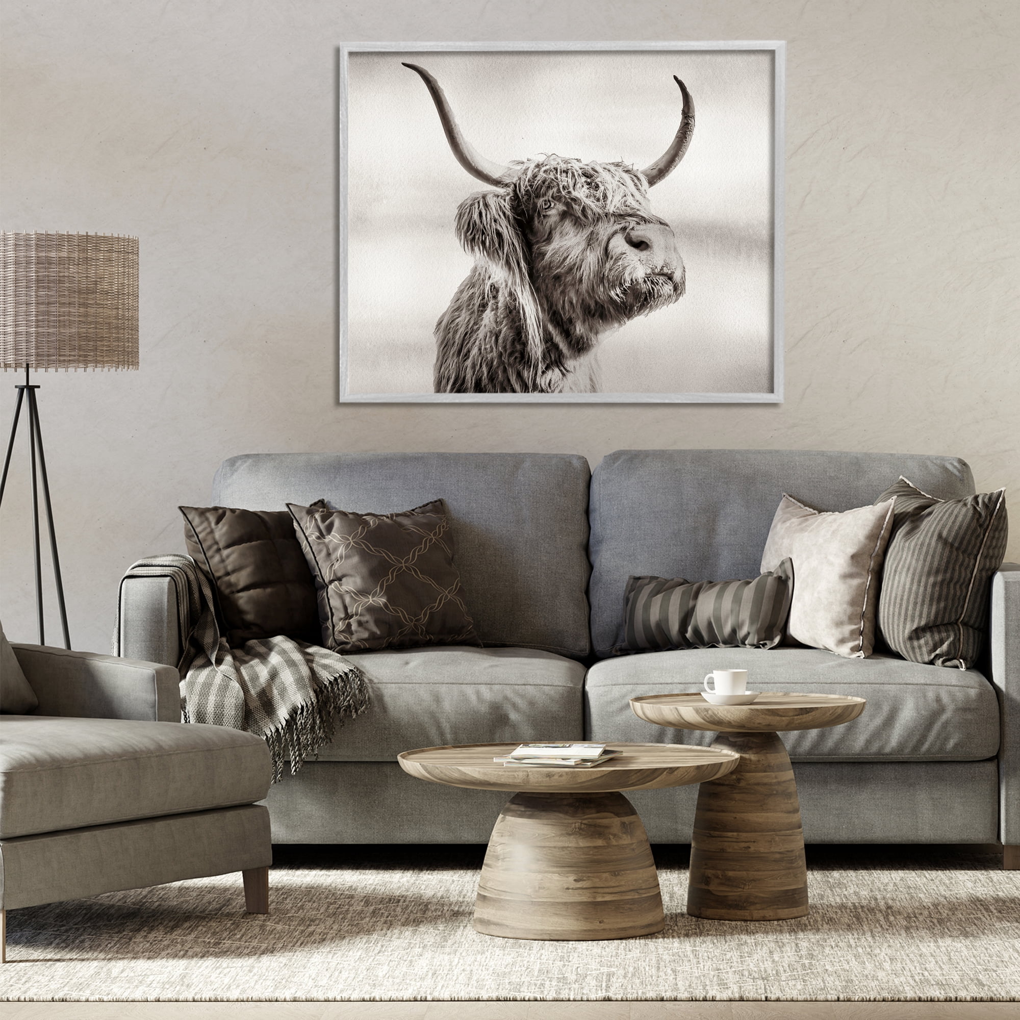 Stupell Industries Horned Highland Cow Gazing Gray Framed Giclee Art, design by Julia Frost
