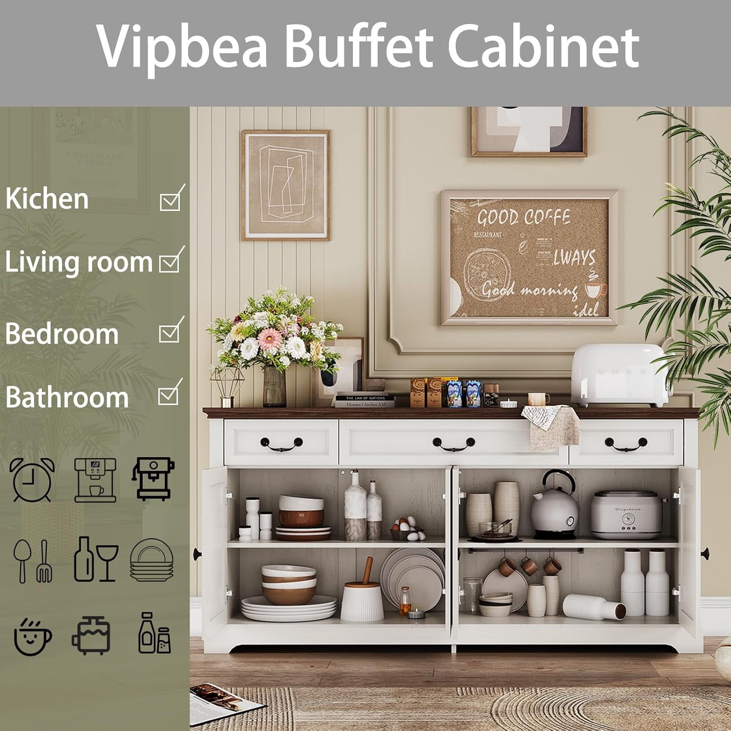 Farmhouse Sideboard Buffet Cabinet with Storage, 64.6'' Large Kitchen Storage Cabinet with Barn Doors Drawers, Wood Coffee Bar Table for Dining Room Living Room, White & Brown