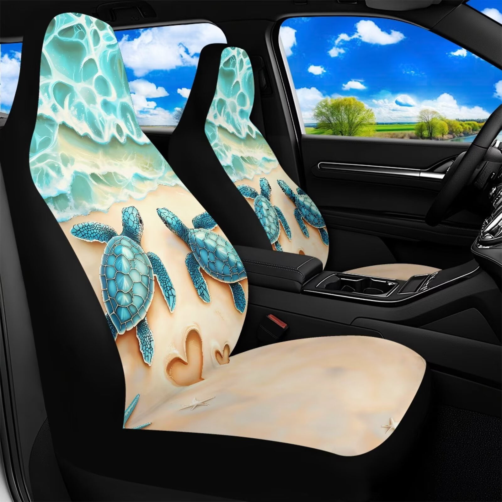 Binienty Beach Sea Turtle Car Seat Covers Front Seats Airbag Compatible Waterproof Auto Seat Protectors Universal Non-Slip Vehicle Seat Covers for SUV Truck Van Sedan