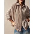 thumbnail image 2 of Women's Striped Button Down Shirt, Collared Short Sleeve Scalloped Hem Blouse, Loose Fit Flowy Top, Boho Vacation Resort Wear, 2 of 7