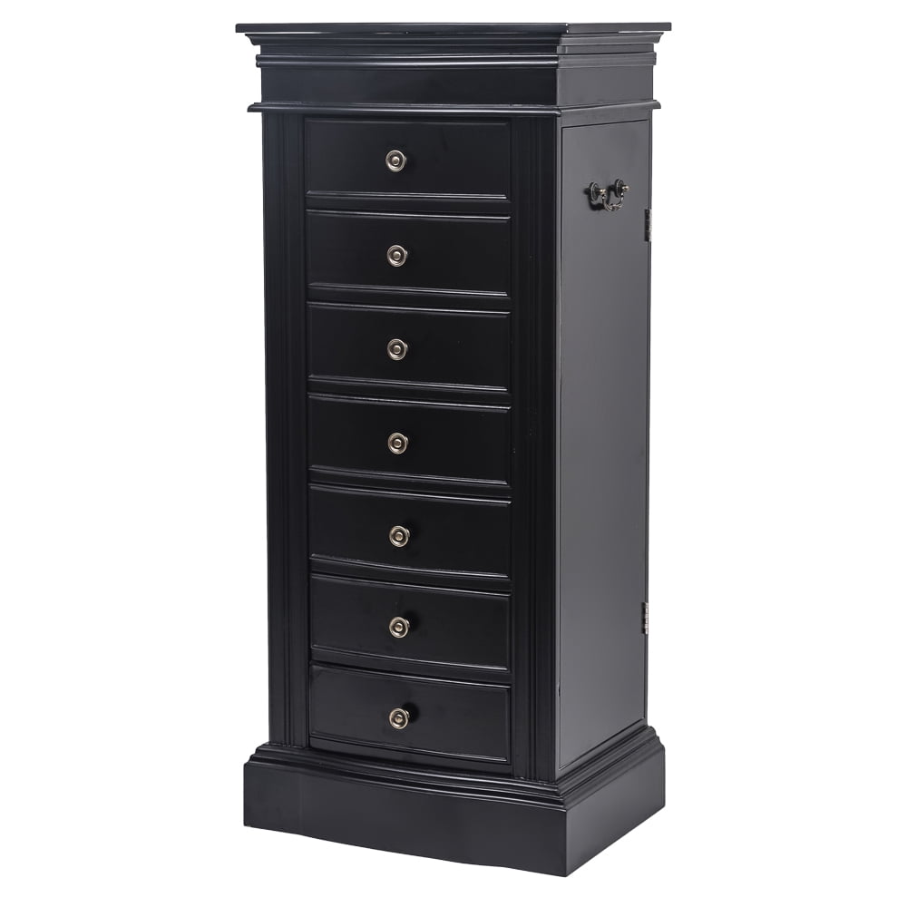 Classic Jewelry Armoire With Mirror 7 Drawers & 24 Necklace Hooks 2 Side Swing Doors Black