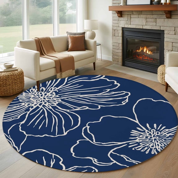 Round Rugs 7Ft, Blue Flowers Round Area Rug Washable Indoor Throw Carpet, Spring Floral Botanical Modern Art Large Non Slip Circle Rug for Dining Room Playroom Home Decor Aesthetic