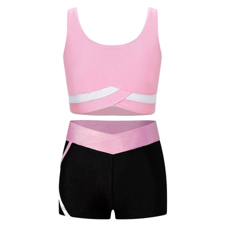 Eandarui Kids Girls Gymnastic Ballet Dance Outfits Sleeveless Crop Tops and Booty Shorts Tracksuits Pink 10