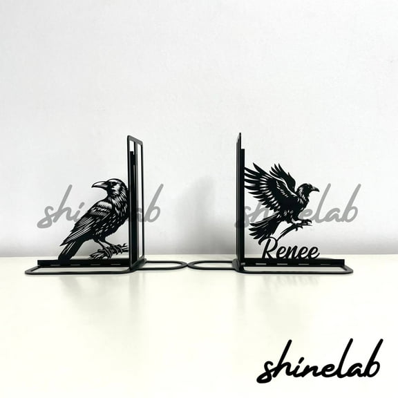 Shinelab Black Raven Metal Bookends Custom Bird Lover Name Bookend Gift, Animal Desk Bookshelf Decor 6602