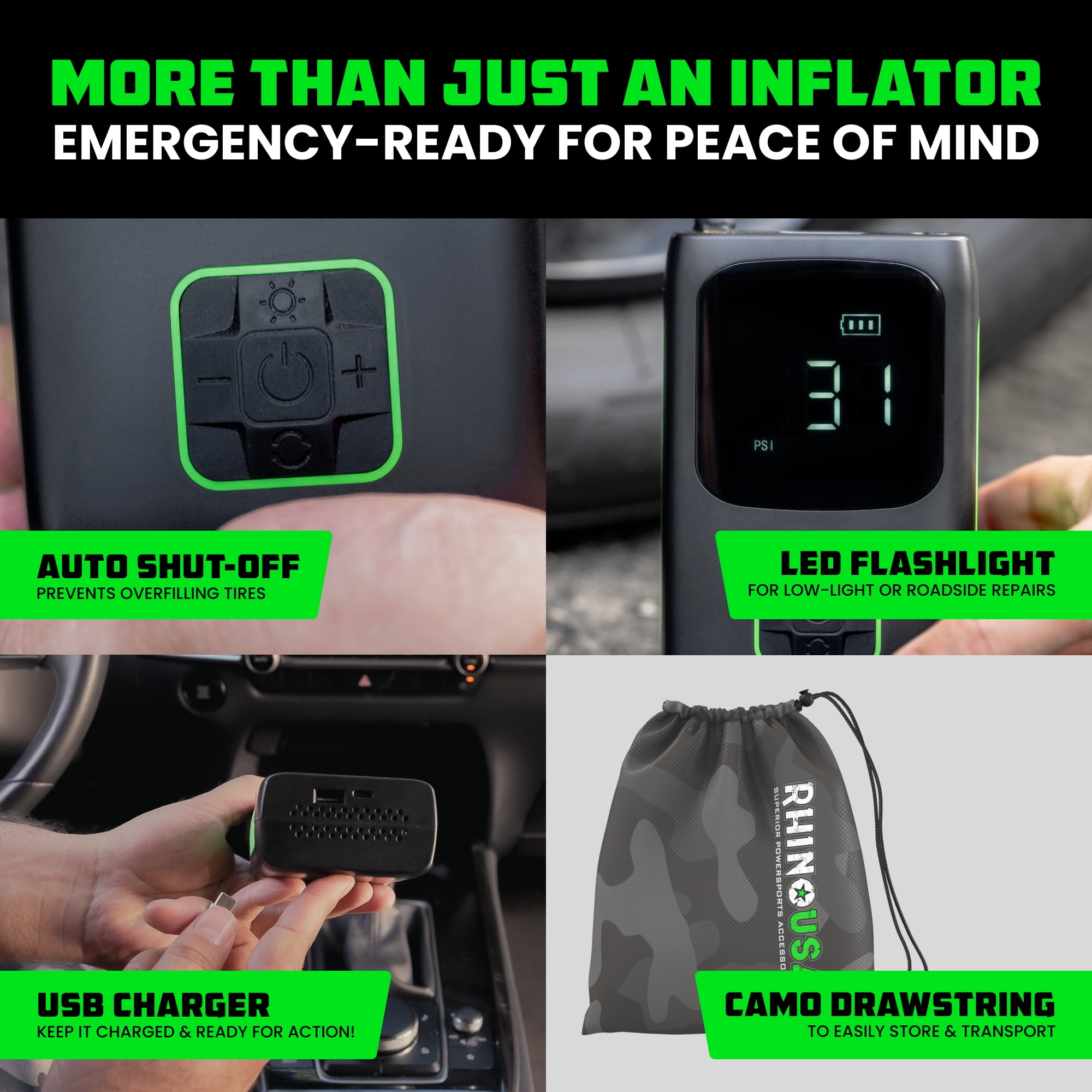 Rhino USA 150 PSI Tire Inflator Portable Air Compressor Upgraded Air Pump with Digital Pressure Gauge