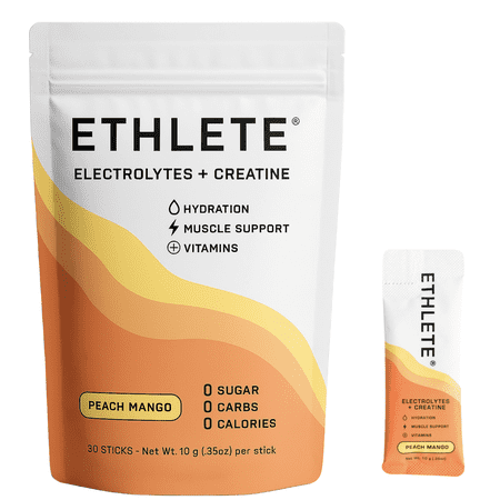 Electrolytes + Vitamins + Creatine, Powder (3-Flavors), 5g Creatine Monohydrate, with Electrolytes, Magnesium, Potassium, Vitamins B6, B12 & C (Peach Mango)