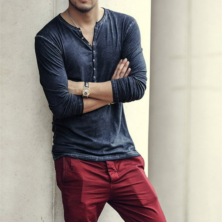 JINYU Men Autumn Casual Vintage Long Sleeve V-Neck T-Shirt