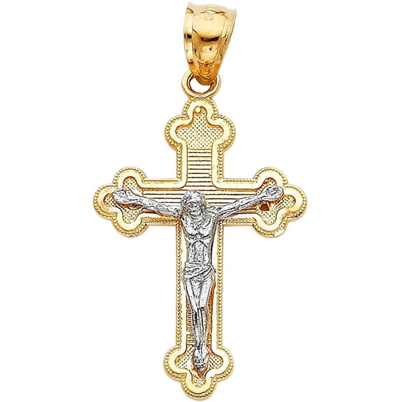14K Two Tone Gold Linear Cross Jesus Crucifix Pendant - High Polished Two Tone Jewellery - Depiction of Jesus Christ on Holy Cross - Suitable for Both Men & Women, 30mm x 20 mm, 2.7 Grams