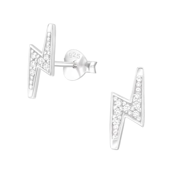 Lightning Bolt 925 Sterling Silver Stud Earrings with CZ