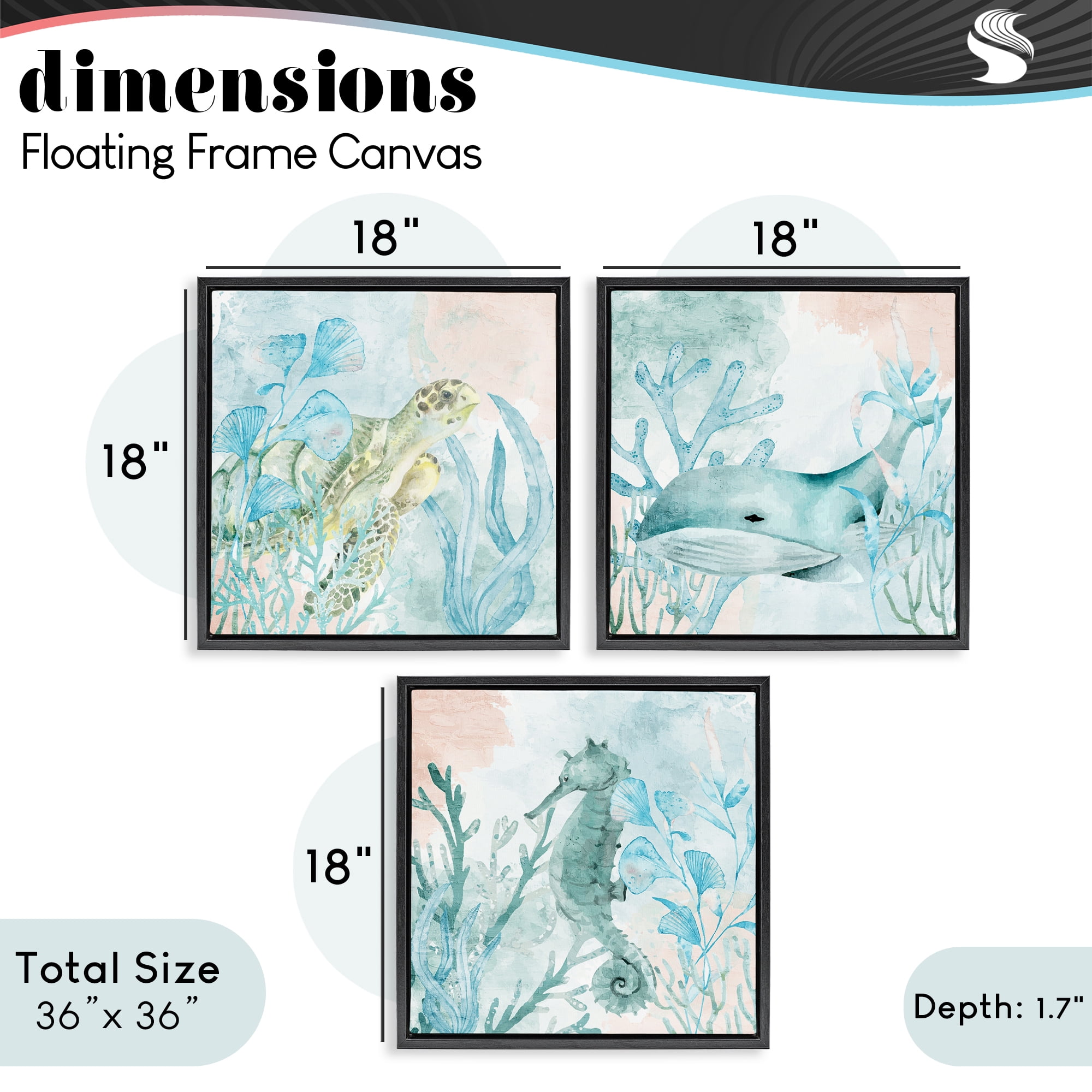 Stupell Industries Aquatic Animals Sea Swim 3 Piece Black Framed Floater Canvas Set, design by Kim Allen