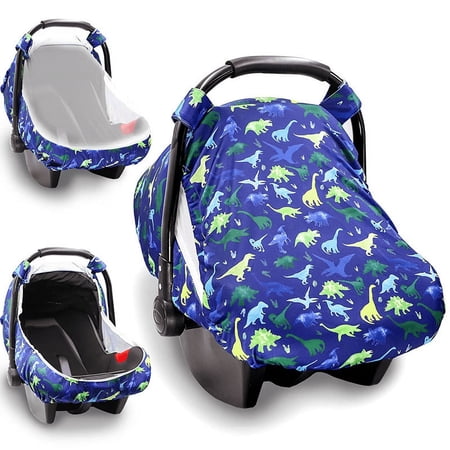 Zhudiyof Baby Car Seat Cover, Opening Carseat Canopy for Newborn with Peep Windows and Breathable Mesh, for Infant Boys and Girls, Blue Dinosaur